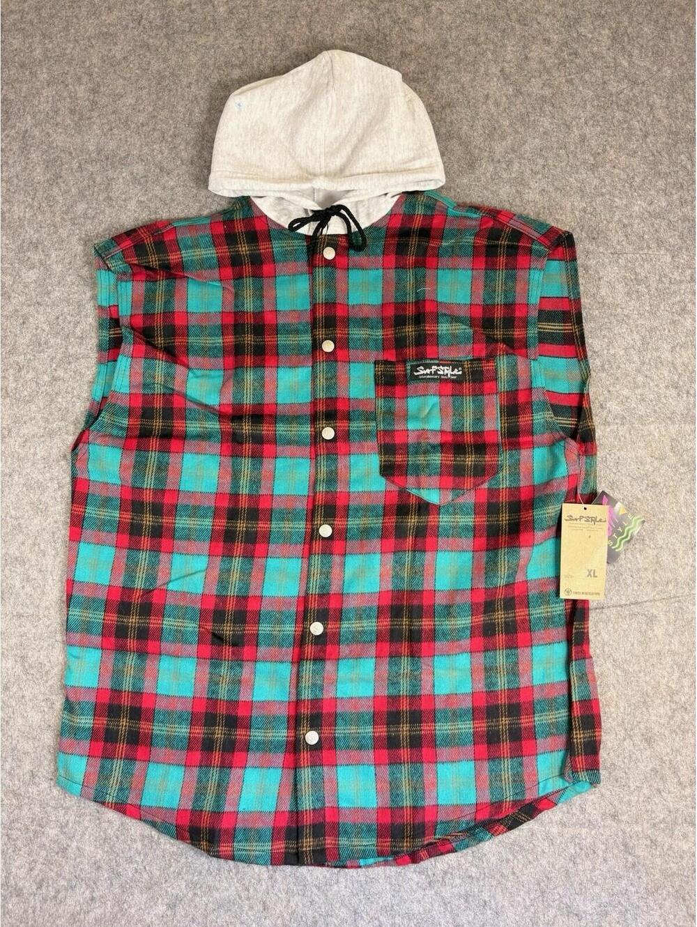 Vintage Surf Style 90s Plaid Flannel Snap Button Sleeveless Hoodie USA XL
